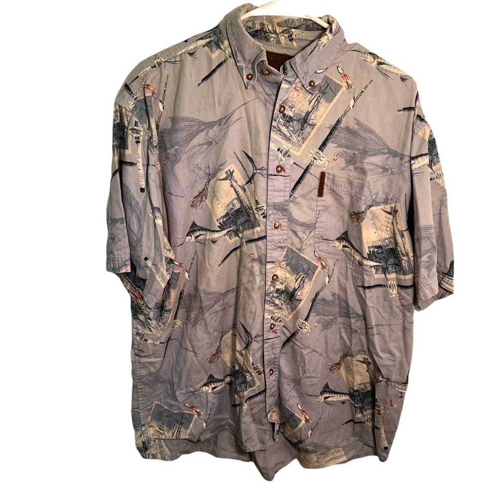 North River Men's Size Medium Short Sleeve Button Down Shirt Light Blue Fishing